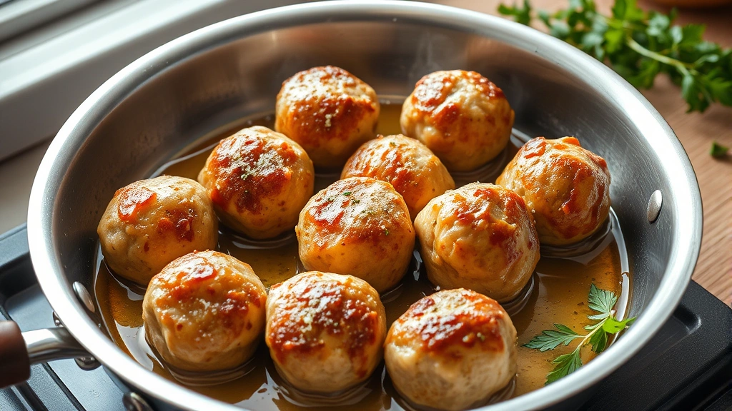Golden-brown chicken meatballs in a stainless steel skillet with oil glistening, showing light crust and tender interior, steam rising, fresh herbs scattered nearby, natural kitchen lighting