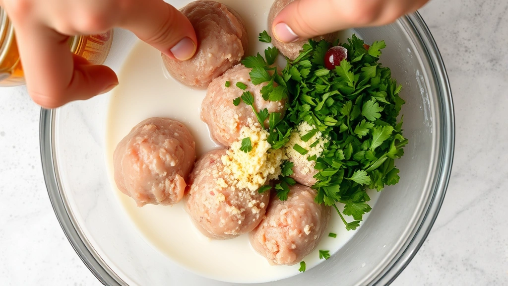 Raw chicken meatball mixture in glass bowl with breadcrumbs soaking in milk creating panade, fresh minced garlic and chopped parsley visible, hands gently mixing ingredients, overhead view