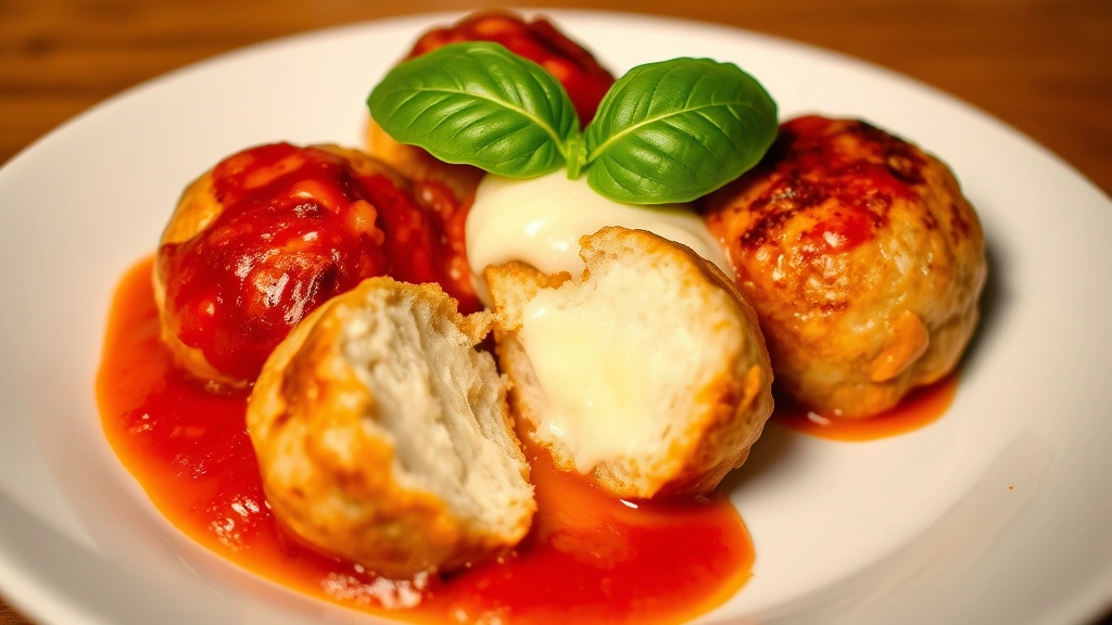 Finished chicken meatballs served on white plate with marinara sauce, fresh basil leaf on top, creamy mozzarella melting, warm lighting showing juicy texture and golden exterior