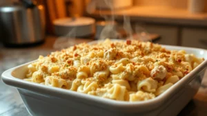 Creamy chicken noodle casserole baking in white ceramic dish, golden breadcrumb topping, steam rising from hot dish, kitchen counter background, warm lighting