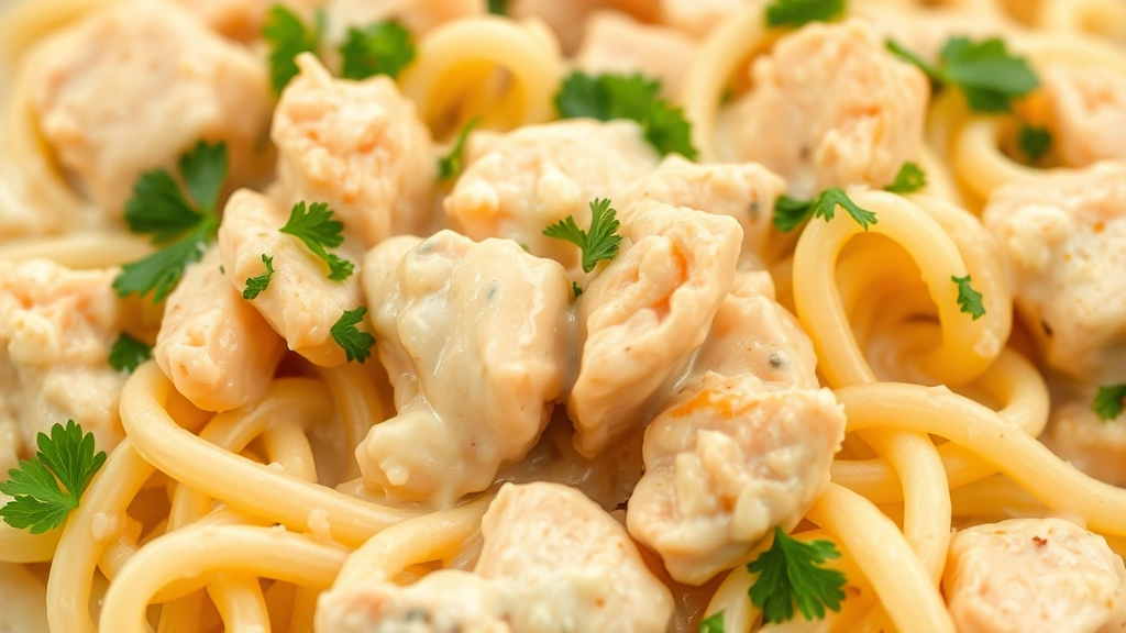 Close-up of cooked chicken pieces mixed with egg noodles in creamy sauce, cheese melted throughout, garnished with fresh parsley, shallow depth of field