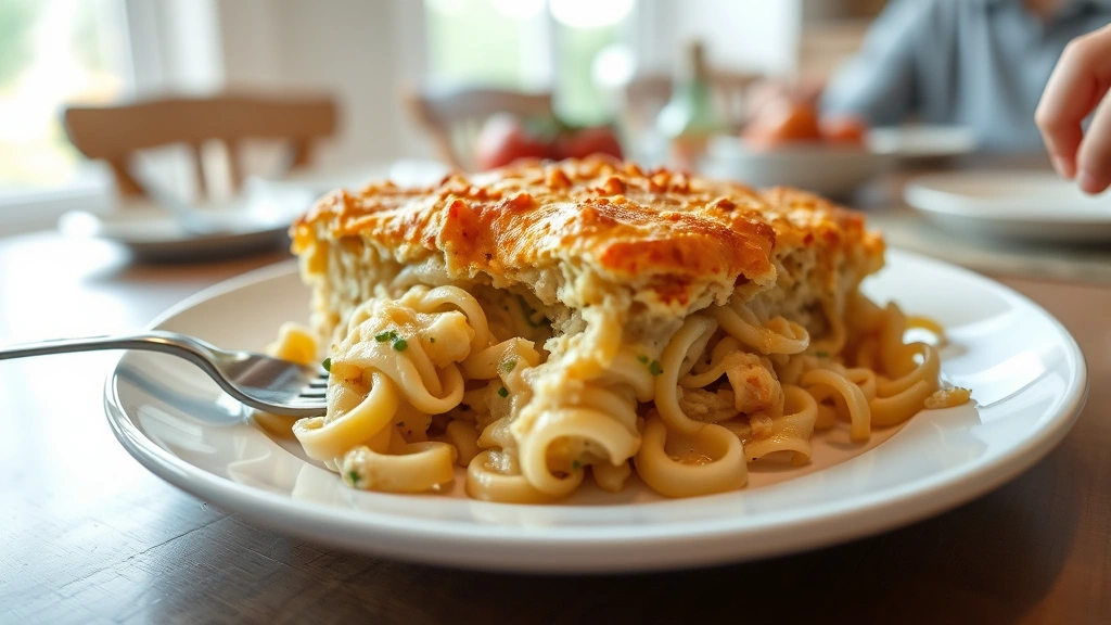 Finished chicken noodle casserole served on white plate, golden-brown top, creamy interior visible, fork taking a bite, blurred family dining background