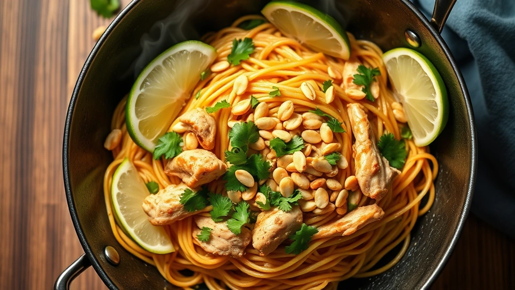 Overhead shot of a wok filled with steaming chicken pad thai noodles, garnished with crushed peanuts, fresh cilantro, and lime wedges, vibrant colors, professional food photography lighting, shallow depth of field