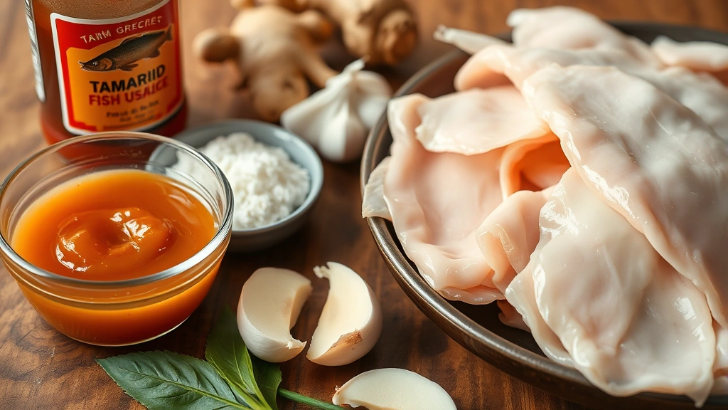 Close-up of ingredients arranged on a wooden surface: tamarind paste in a bowl, fish sauce bottle, palm sugar, fresh ginger, garlic cloves, rice noodles, and sliced chicken breast, natural daylight