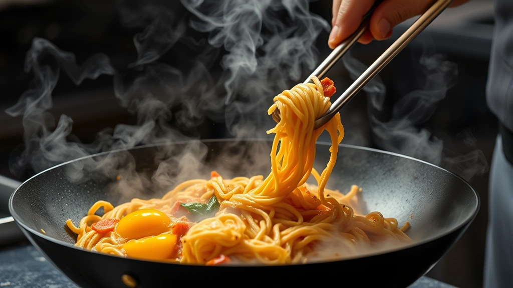 Action shot of pad thai being tossed in a smoking hot wok with visible steam, eggs being scrambled into noodles, chef's hands using cooking utensils, dynamic composition, high heat visible