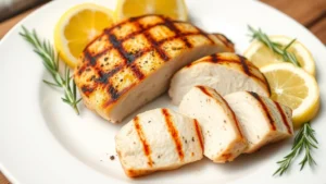 Perfectly grilled boneless skinless chicken breast with beautiful grill marks, sliced to show juicy interior, surrounded by fresh lemon wedges and sprigs of rosemary and thyme on a clean white plate, natural daylight