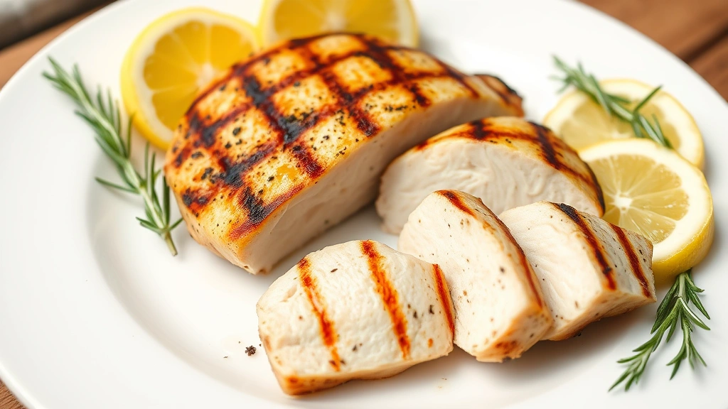 Perfectly grilled boneless skinless chicken breast with beautiful grill marks, sliced to show juicy interior, surrounded by fresh lemon wedges and sprigs of rosemary and thyme on a clean white plate, natural daylight