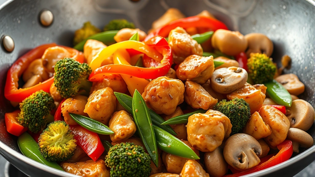 Colorful stir-fried chicken with vibrant bell peppers, broccoli florets, snap peas, and mushrooms in a wok, glistening with light sesame oil glaze, steam rising, professional food photography style