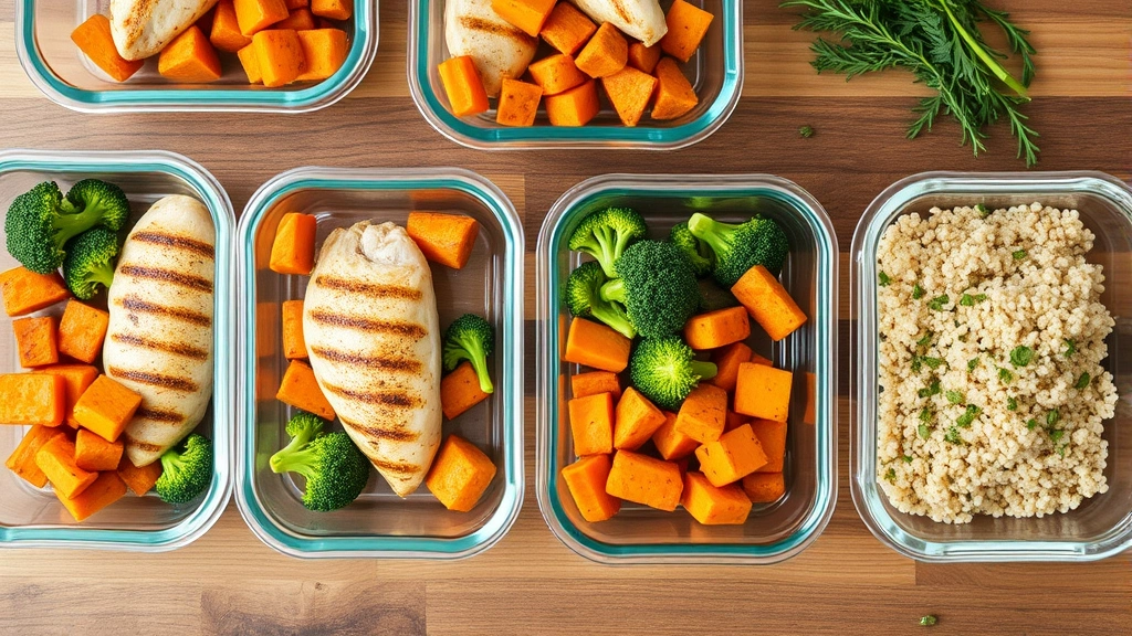 Overhead shot of meal prep containers with perfectly portioned grilled chicken breast, roasted sweet potato cubes, steamed broccoli, and quinoa, organized in glass storage containers on a wooden table with fresh herbs scattered nearby