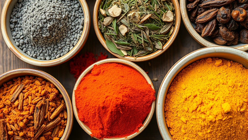 Close-up overhead view of colorful spice bowls with cumin, paprika, turmeric, and dried herbs arranged on wooden surface, natural daylight, shallow depth of field, vibrant and appetizing presentation