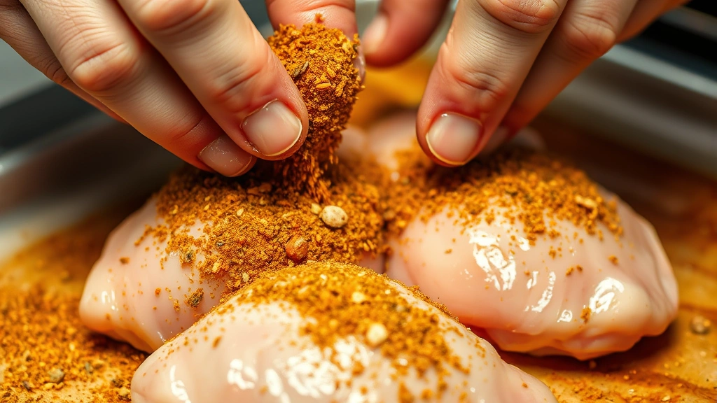 Raw chicken breasts being rubbed with golden-brown spice blend, hands applying seasoning generously, close-up detail shot showing texture and color, warm kitchen lighting, focus on the spice coating