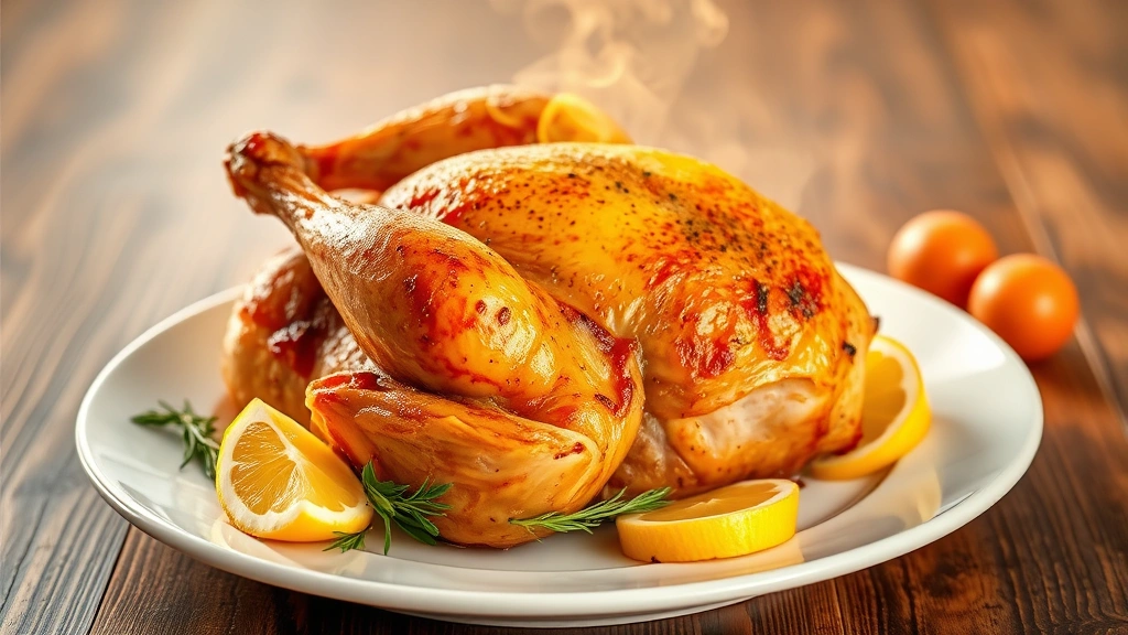 Finished golden-brown roasted chicken on white plate garnished with fresh herbs and lemon wedges, steam rising, professional food photography, warm backlighting, appetizing presentation