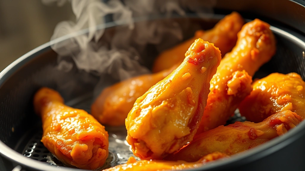 Golden-brown crispy chicken wings in air fryer basket, glistening with oil, steam rising, professional food photography lighting