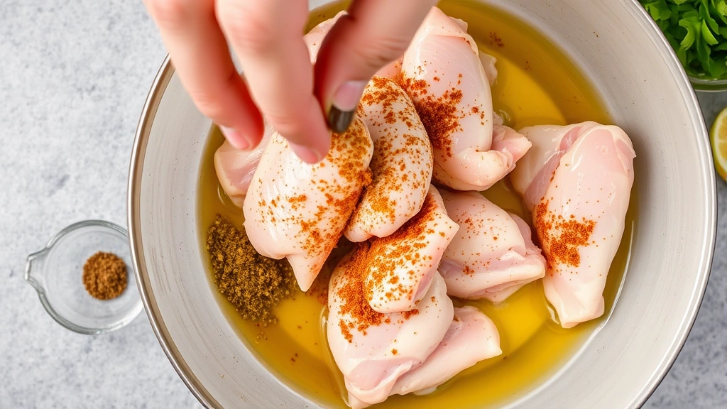 Hands tossing seasoned raw chicken wings in mixing bowl with oil and spices, preparation step, overhead view with ingredients visible