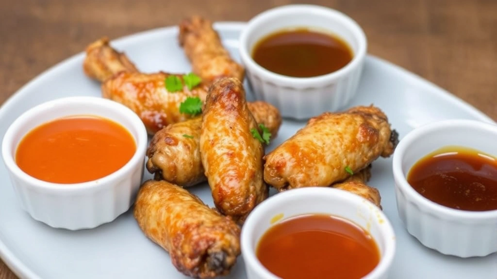 Plate of finished air fryer wings with various sauce options in small bowls: buffalo sauce, honey garlic glaze, and BBQ sauce, garnished with fresh herbs