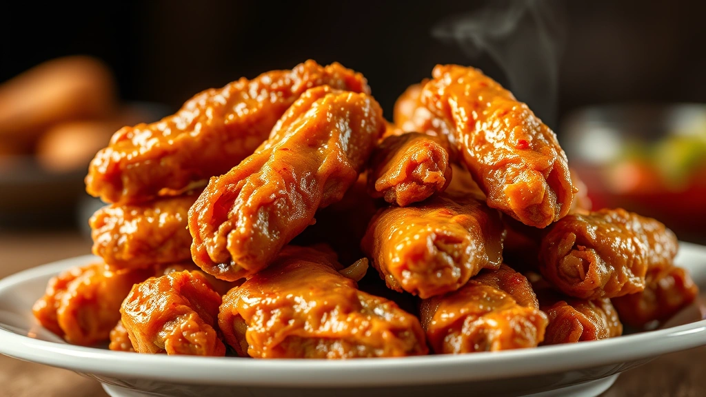 Golden-brown crispy chicken wings piled high on a white ceramic plate, glistening with oil, steam rising, selective focus on the shattered skin texture, professional food photography lighting, shallow depth of field, dark blurred background