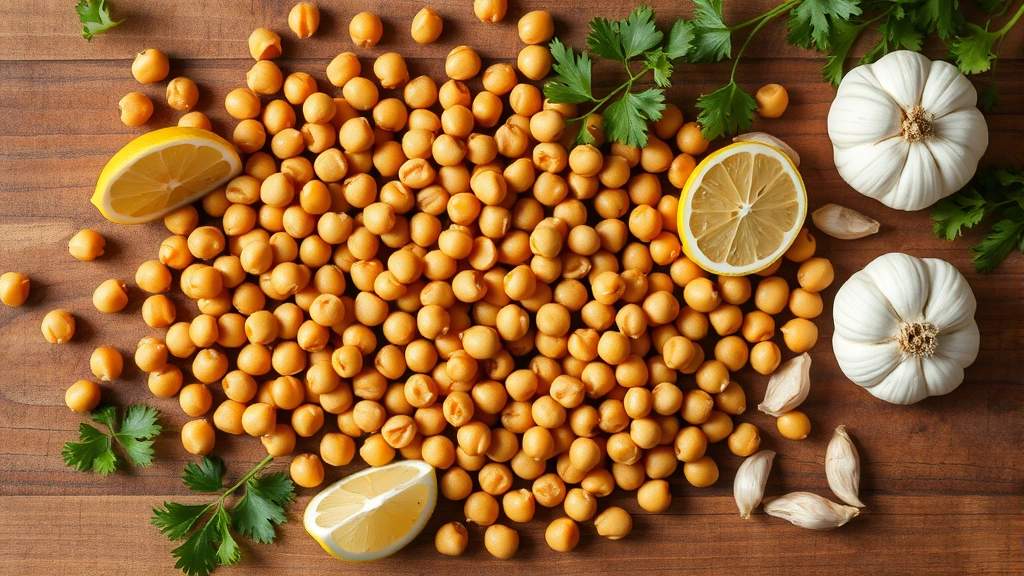 Overhead flat lay of dried chickpeas scattered across a wooden surface with fresh cilantro, lemon wedges, and garlic cloves, warm natural lighting