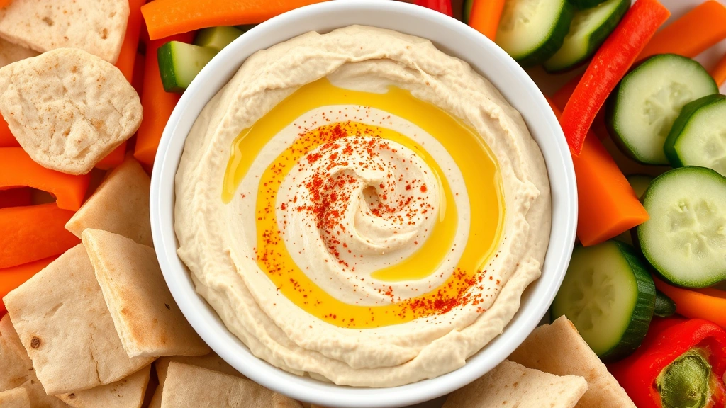 Creamy hummus in a white bowl drizzled with olive oil and paprika, surrounded by fresh pita bread pieces and colorful cut vegetables including carrots, cucumbers, and bell peppers