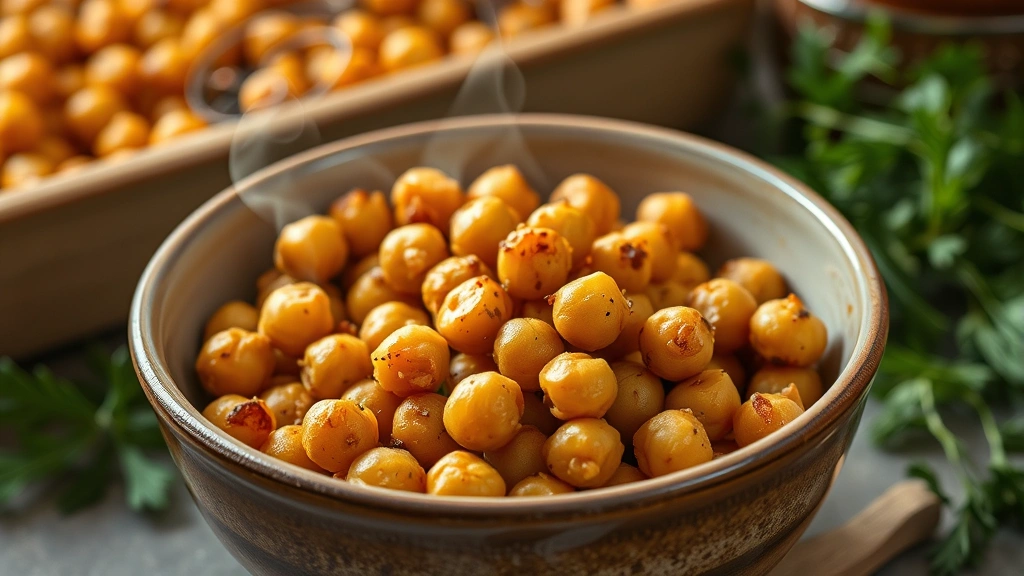 Golden crispy roasted chickpeas in a ceramic bowl with visible seasoning, steam rising slightly, shot against a rustic kitchen background with herbs nearby