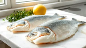 Fresh Chilean sea bass fillets with glistening skin on marble countertop, whole lemon and fresh thyme sprigs beside them, natural window lighting