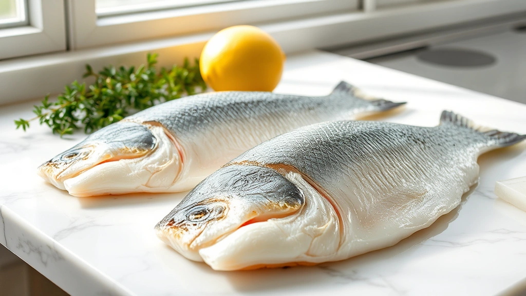 Fresh Chilean sea bass fillets with glistening skin on marble countertop, whole lemon and fresh thyme sprigs beside them, natural window lighting