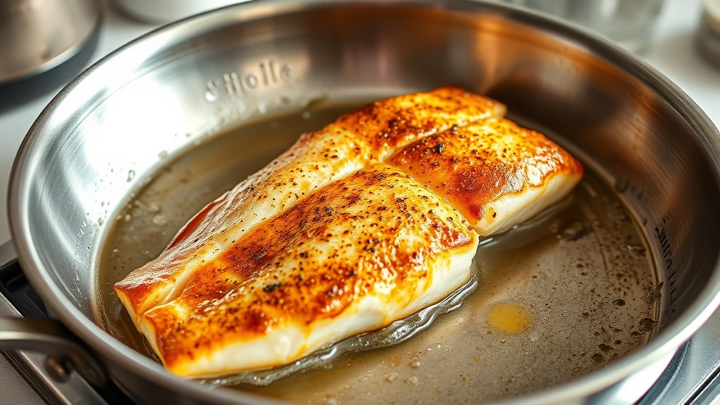 Golden-seared Chilean sea bass fillet skin-side up in stainless steel pan, butter foaming around edges, kitchen background slightly blurred