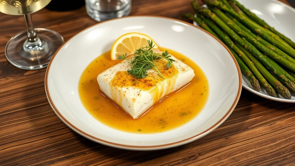 Plated Chilean sea bass with brown butter sauce, garnished with microgreens and lemon wedge, white wine glass and roasted asparagus visible on table