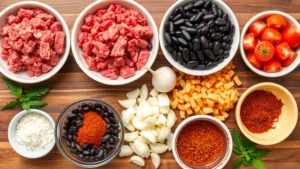 Overhead view of colorful ingredients arranged on a wooden surface: ground beef, kidney beans, black beans, pinto beans, crushed tomatoes, onions, garlic, and spice bowls with chili powder, cumin, and paprika