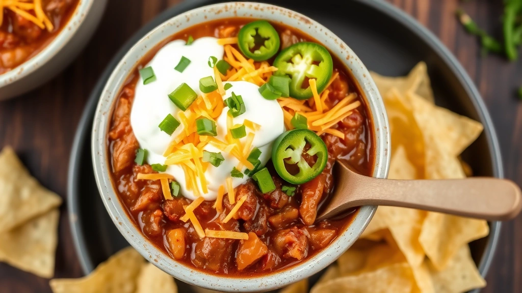 Finished chili bowl topped with shredded cheddar cheese, sour cream, fresh cilantro, diced jalapeños, and tortilla chips on the side, wooden spoon resting in bowl