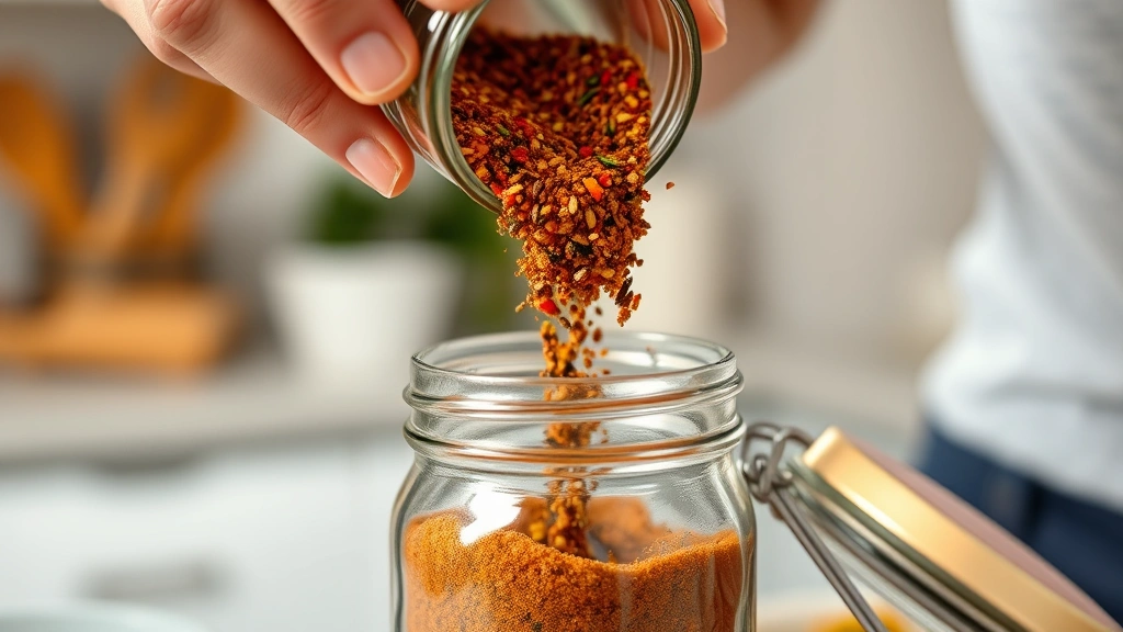 Close-up of hands pouring homemade chili seasoning blend into clear glass jar with metal lid, spices visible in mid-air, warm kitchen lighting in background