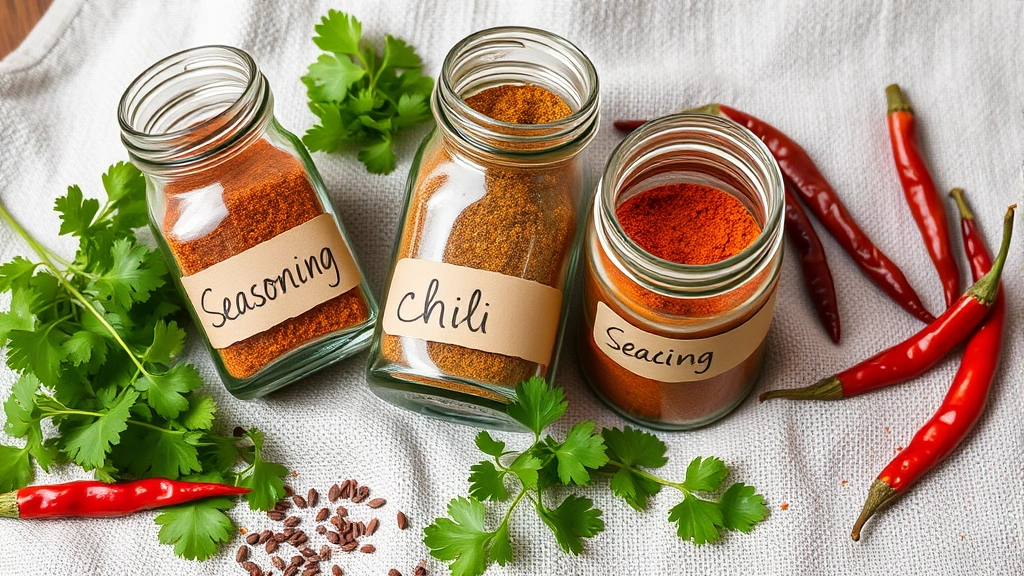 Finished chili seasoning in rustic glass containers with handwritten labels, surrounded by fresh cilantro, dried chilis, and scattered cumin seeds on neutral linen cloth