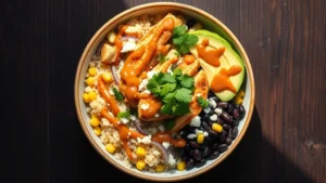 Overhead shot of a vibrant chipotle bowl with lime-cilantro rice, grilled chicken strips, corn, black beans, diced red onion, avocado slices, and crumbled cotija cheese, with creamy chipotle sauce drizzled over top, fresh cilantro garnish, bright natural lighting on a dark wooden table