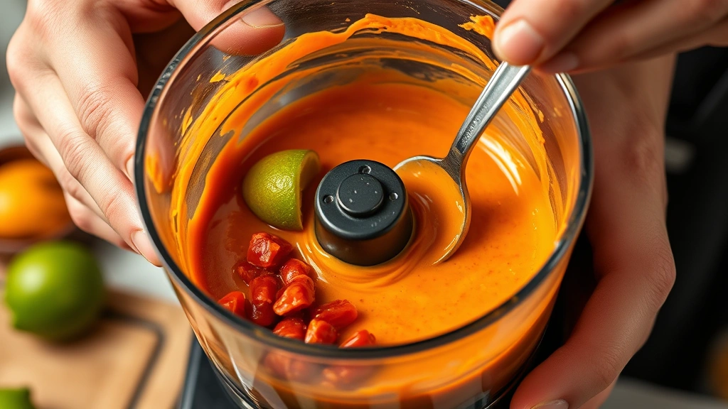 Close-up of hands preparing chipotle sauce by blending canned chipotle peppers in adobo with mayo and lime in a food processor, showing the creamy orange-red mixture being stirred with a spoon, professional kitchen lighting