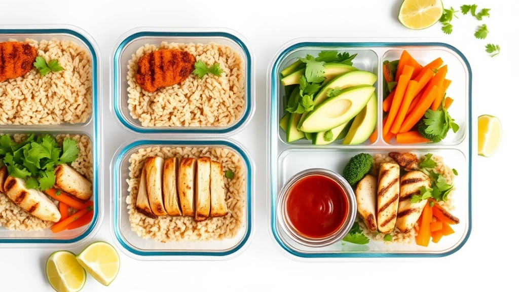 Flat lay composition showing organized meal prep containers with separate compartments containing cooked brown rice, sliced grilled chicken breast, fresh diced vegetables, avocado, cilantro, and a container of prepared chipotle sauce on a clean white surface with lime wedges