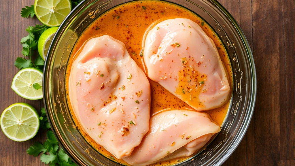 Overhead shot of raw chicken breasts in a creamy chipotle-lime marinade in a clear glass bowl with fresh lime wedges and cilantro sprigs visible