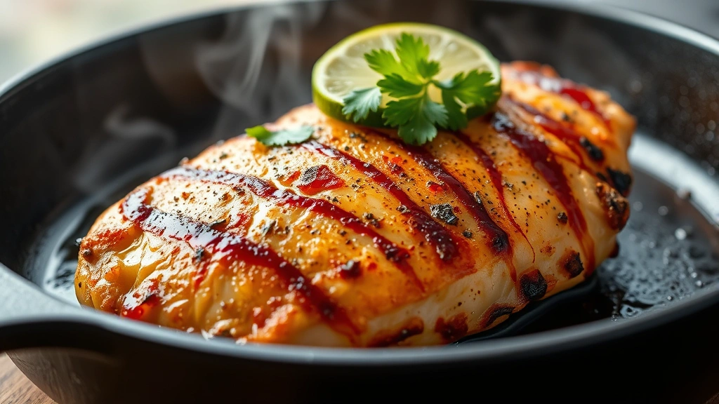 Close-up of golden-brown seared chipotle chicken breast in a cast iron skillet with charred edges, steam rising, fresh cilantro and lime slice on top