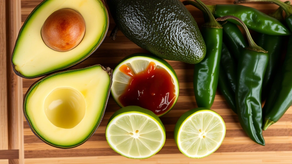 Close-up overhead shot of ripe avocado halves with pit visible, fresh lime wedges, and whole chipotle peppers in adobo sauce arranged on a wooden cutting board, natural daylight, shallow depth of field