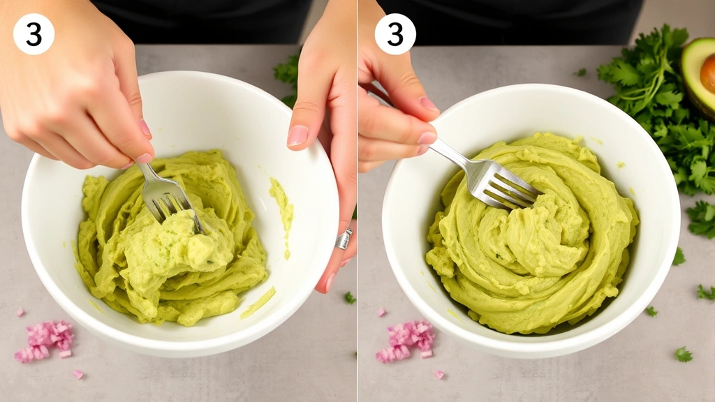 Step-by-step process showing hands mashing creamy avocado with a fork in a white ceramic bowl, with minced red onion and fresh cilantro scattered nearby, vibrant colors, professional kitchen setting
