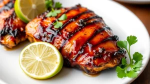 Close-up of glossy, caramelized chipotle honey chicken breast with charred edges and sticky glaze coating, garnished with fresh lime wedge and cilantro sprigs on white plate
