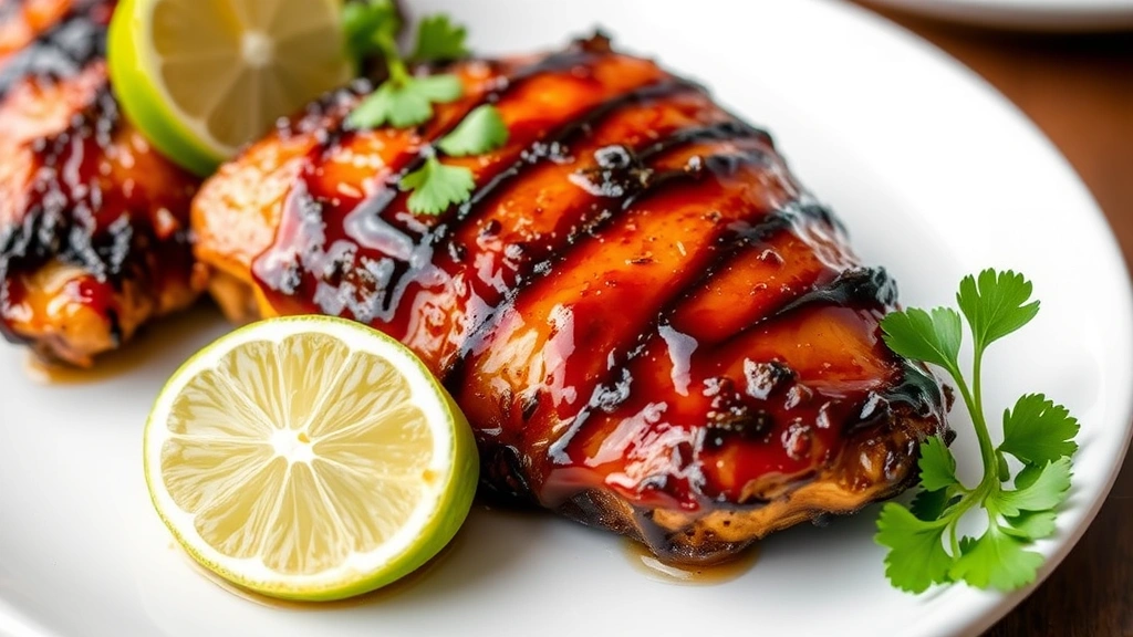 Close-up of glossy, caramelized chipotle honey chicken breast with charred edges and sticky glaze coating, garnished with fresh lime wedge and cilantro sprigs on white plate