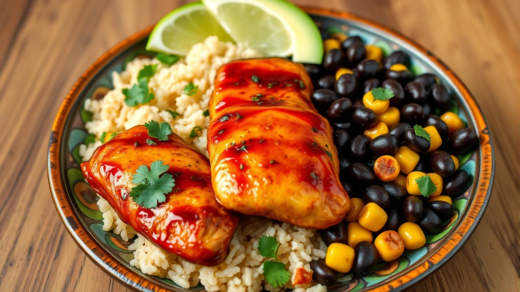 Plated spicy chipotle honey chicken served with cilantro lime rice, black beans, roasted corn, and sliced avocado on colorful ceramic plate with lime wedge