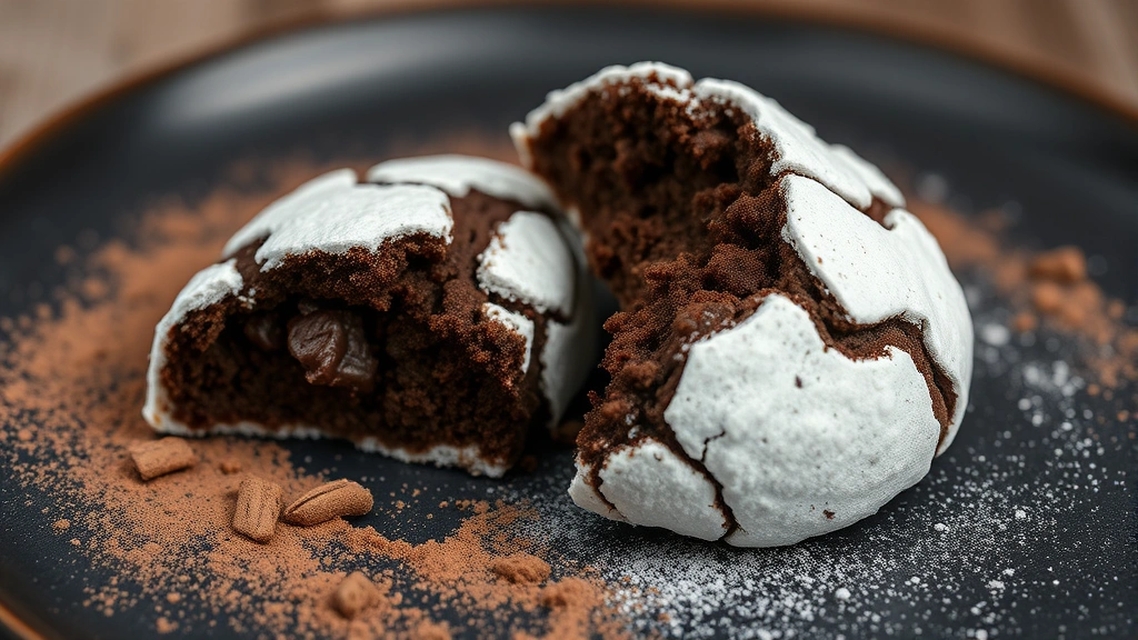 Single chocolate crinkle cookie broken in half showing fudgy, dense chocolate interior against the white powdered sugar exterior, sitting on a dark ceramic plate with cocoa powder dusted nearby