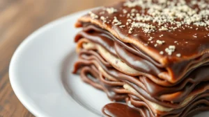 Close-up of layered chocolate lasagna showing distinct chocolate sauce, cream, and pasta layers with rich cocoa color, professional plating on white ceramic plate