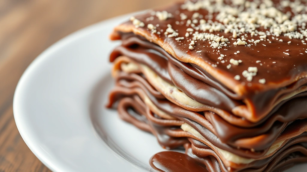 Close-up of layered chocolate lasagna showing distinct chocolate sauce, cream, and pasta layers with rich cocoa color, professional plating on white ceramic plate