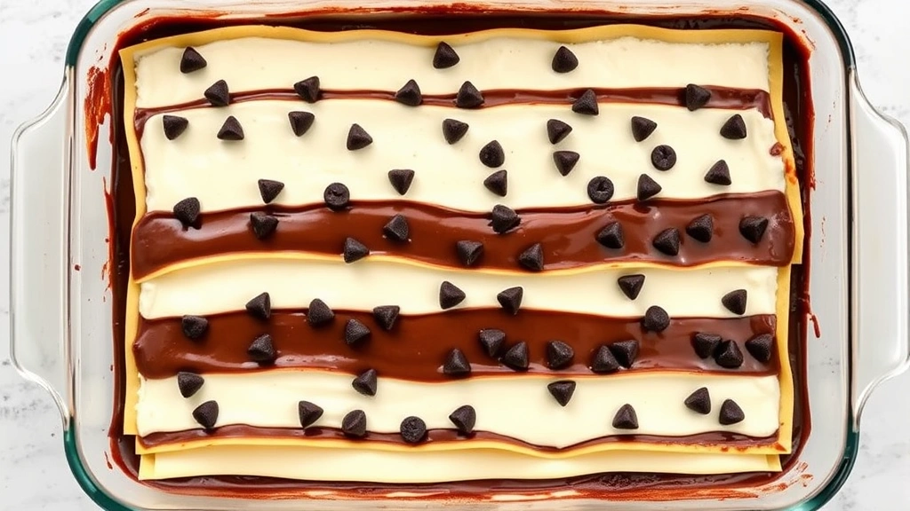 Overhead view of assembled chocolate lasagna in 9x13 baking dish before baking, showing multiple layers of chocolate sauce, ricotta cream, and lasagna noodles with chocolate chips scattered throughout