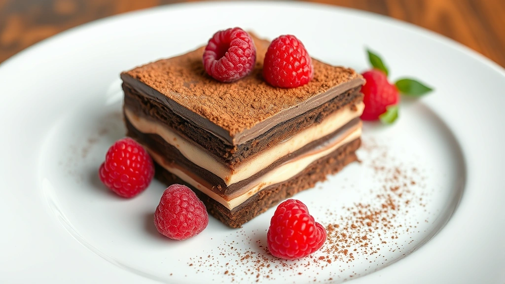 Finished chocolate lasagna slice on dessert plate garnished with cocoa powder dusting and fresh raspberries, showing perfect layer definition and creamy texture, elegant presentation