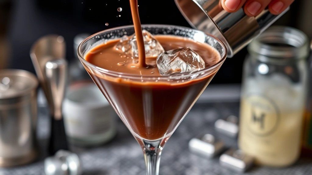 Close-up of a chocolate martini being shaken vigorously in a Boston shaker with ice, showing condensation forming on the metal surface, professional bartending action shot with bar tools visible