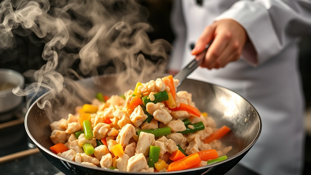 Professional chef stir-frying diced chicken and fresh vegetables in a smoking hot wok, with steam rising and vegetables mid-toss, vibrant bell peppers and carrots visible