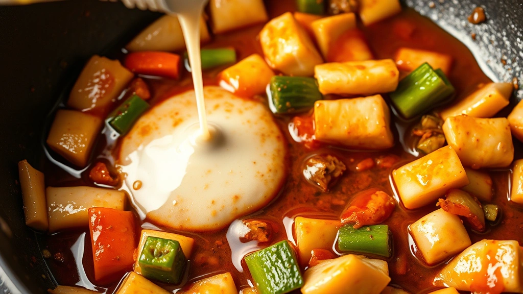Close-up of glossy chop suey sauce coating vegetables and protein pieces in a wok, showing cornstarch slurry being poured, with sesame oil bottle nearby
