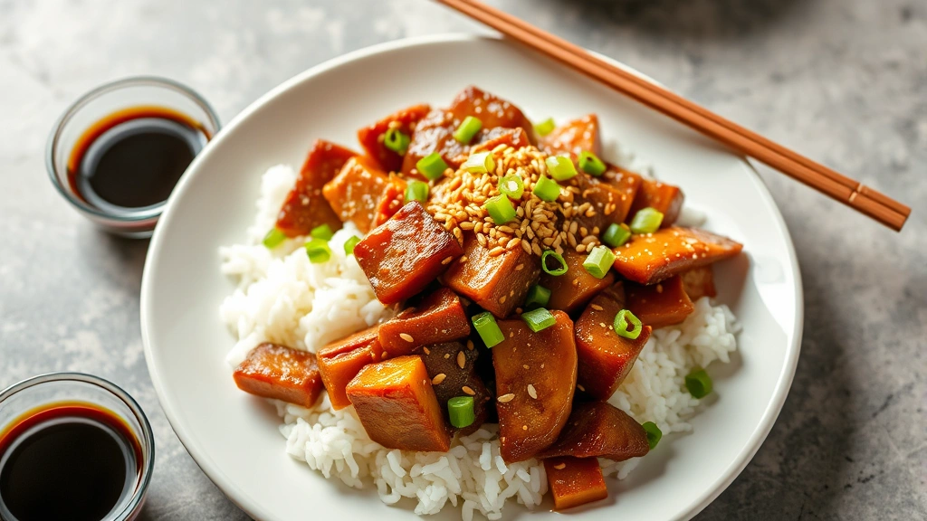Finished chop suey served over steamed white rice on a white plate, garnished with toasted sesame seeds and green onions, with chopsticks and a small bowl of soy sauce on the side